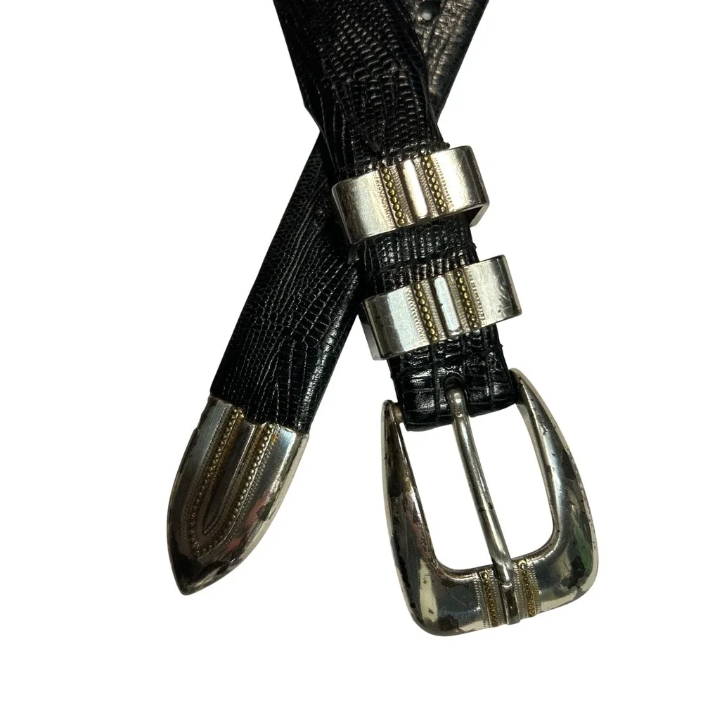 Tulliani Black Lizard Embossed Leather Western Belt Silver Tone Hardware Size 40